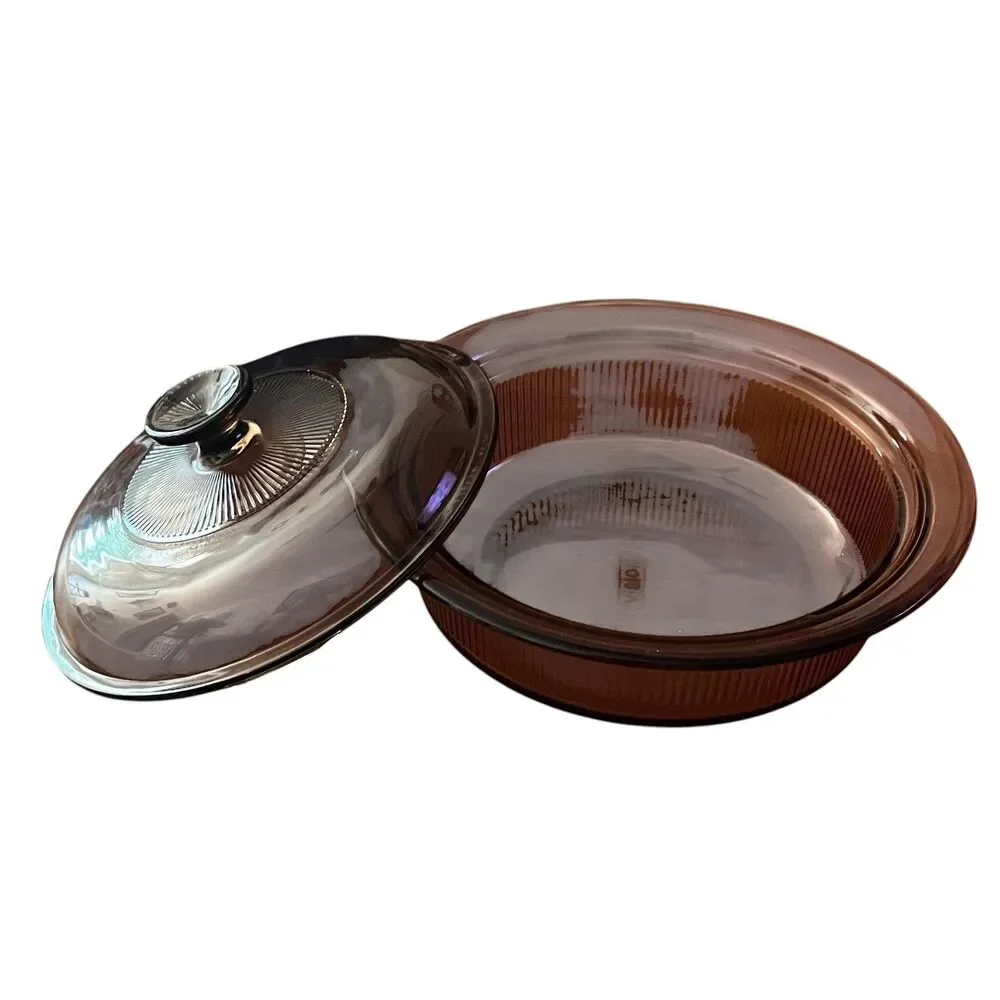 Vintage Vision Corning Amber Glass Round Casserole Pan 1.5QT V-32-B With Lid USA